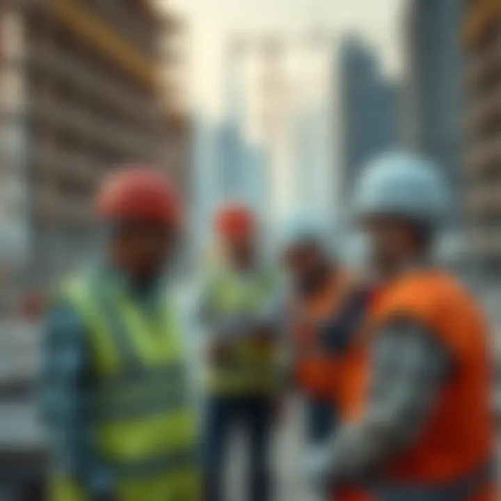 Construction workers collaborating on-site at the Heart of Europe development