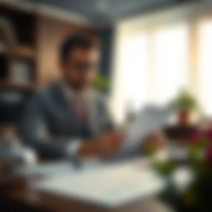A professional reviewing title deed documents at a desk